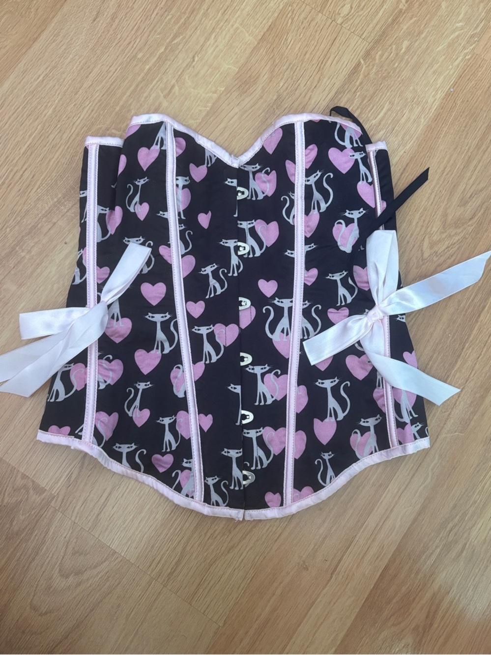 Black Pink Cat Heart Corset Top with Satin Bows